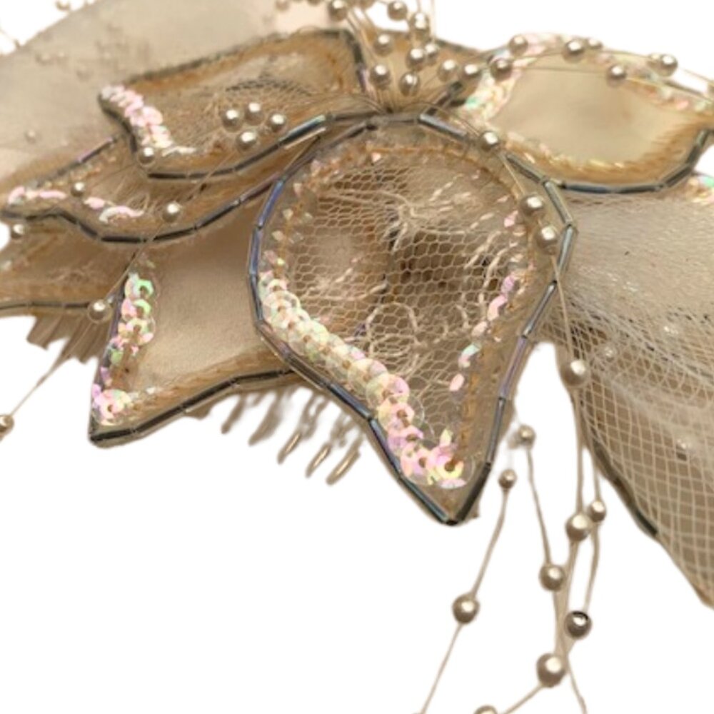 Vintage Silk Tulle Sequin and Pearl Bridal Hair Comb - Picture 4 of 6